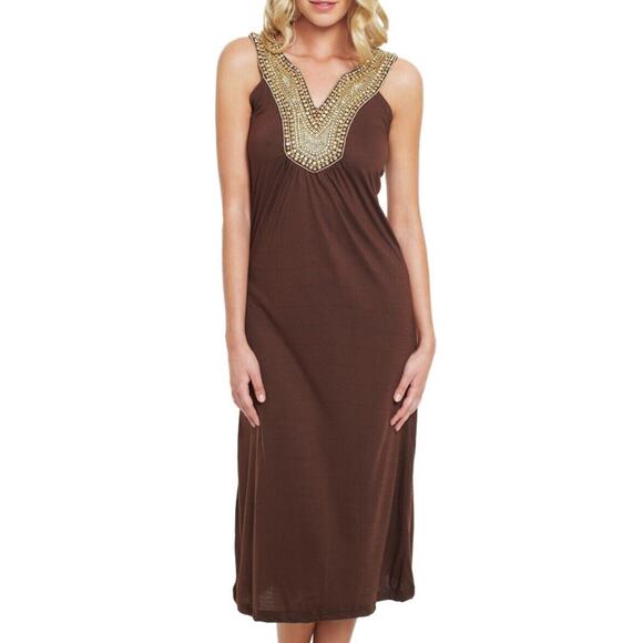 NWT Elizabeth Hurley Beach White Jemima Maxi Gold Embellished Bead Neckline Med - Picture 3 of 12